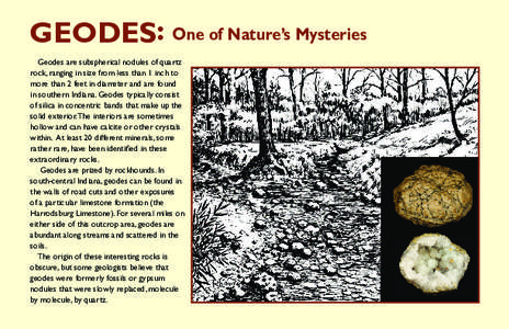 GEODES: One of Nature’s Mysteries Geodes are subspherical nodules of quartz rock, ranging in size from less than 1 inch to more than 2 feet in diameter and are found in southern Indiana. Geodes typically consist of sil