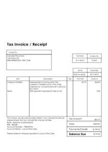 Tax Invoice / Receipt Invoice To Livewires Pre-school 126 Wilson Rd HINCHINBROOK NSW 2168