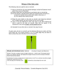 Wings of War Solo rules The following rules are used for solo run aircraft; (1) Solo run aircraft do not count special damage, except the Explosion result, which they count as Pilot killed. (2) Players place their next M