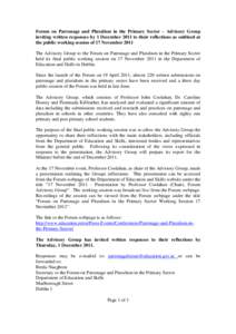 Forum on Patronage and Pluralism in the Primary Sector – Advisory Group inviting written responses by 1 December 2011 to their reflections as outlined at the public working session of 17 November 2011 The Advisory Grou