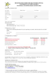 REGISTRATION FORM FOR 2012 INTERNATIONAL CONFERENCE ON OPEN-SOURCE SYSTEMS & TECHNOLOGIES (ICOSSTPERSONAL INFORMATION First Name: