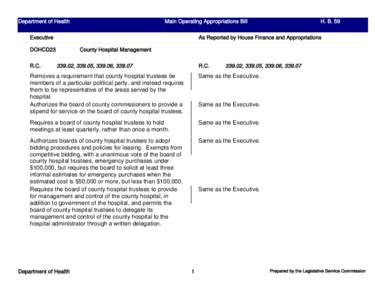 Department of Health  Main Operating Appropriations Bill As Reported by House Finance and Appropriations