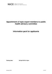 Appointment of topic expert members to public health advisory committee Information pack for applicants  Closing date: