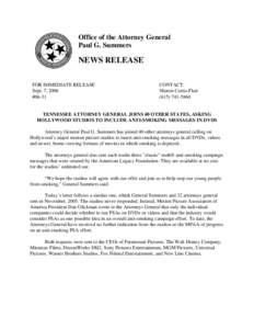 Office of the Attorney General Paul G. Summers NEWS RELEASE FOR IMMEDIATE RELEASE Sept. 7, 2006