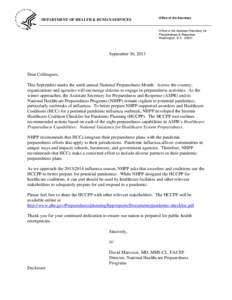 Cover Letter for the Interim Healthcare Coalition Checklist for Pandemic Planning