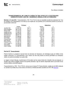 Communiqué Pour diffusion immédiate TRANSCONTINENTAL INC. PUBLIE LE RÉSULTAT DES VOTES LIÉ À L’ÉLECTION DES ADMINISTRATEURS LORS DE L’ASSEMBLÉE ANNUELLE DES ACTIONNAIRES Montréal, le 10 mars 2016 – Transcon