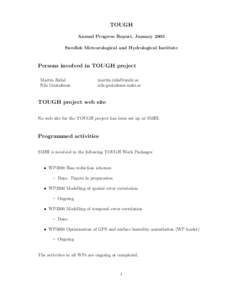 TOUGH Annual Progress Report, January 2005 Swedish Meteorological and Hydrological Institute Persons involved in TOUGH project Martin Ridal