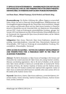  OPEN ACCESS IN ÖSTERREICH – ANMERKUNGEN ZUR AKTUELLEN ENTWICKLUNG UND ZU DEN PERSPEKTIVEN FÜR EINEN PARADIGMENWECHSEL IM WISSENSCHAFTLICHEN PUBLIKATIONSWESEN von Bruno Bauer, Michael Katzmayr, Karlo Pavlovic und 