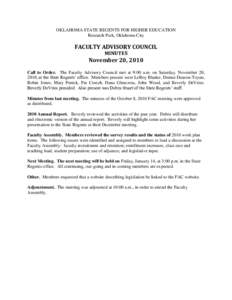 OKLAHOMA STATE REGENTS FOR HIGHER EDUCATION Research Park, Oklahoma City FACULTY ADVISORY COUNCIL MINUTES