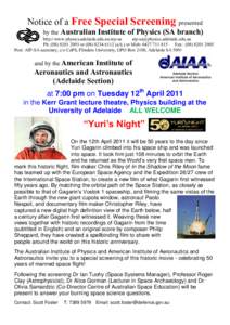 Notice of a Free Special Screening by the presented  Australian Institute of Physics (SA branch)