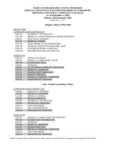 MARYLAND HIGHER EDUCATION COMMISSION OFFICIAL LIST OF HEALTH MANPOWER SHORTAGE PROGRAMS FOR MARYLAND PUBLIC COMMUNITY COLLEGES As of September 1, 2010 Effective Fall Semester 2010