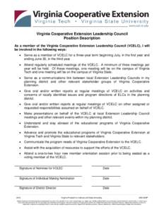 Virginia Cooperative Extension Leadership Council Position Description As a member of the Virginia Cooperative Extension Leadership Council (VCELC), I will be involved in the following ways: •