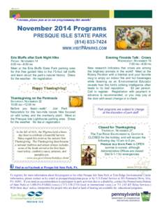 REV101714  November 2014 Programs PRESQUE ISLE STATE PARK[removed]WWW.VISITPAPARKS.COM