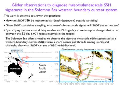 Glider observations to diagnose meso/submesoscale SSH signatures in the Solomon Sea western boundary current system This work is designed to answer the questions: • How can SWOT SSH be interpreted as (depth-dependent) 
