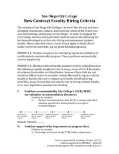 San Diego City College  New Contract Faculty Hiring Criteria The mission of San Diego City College is to meet “the diverse and everchanging educational, cultural, and economic needs of the urban core and surrounding co