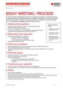 ESSAY WRITING: PROCESS  An essay presents a well-argued discussion or response to a question or proposition using analysis and critique of relevant literature. It establishes a proposition or thesis and presents a point 