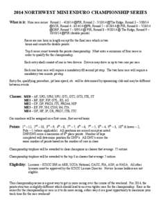 2014 NORTHWEST MINI ENDURO CHAMPIONSHIP SERIES What is it: Nine race series: Round[removed] @PIR, Round[removed] @The Ridge, Round 3 – [removed] @SCR, Round[removed] @PR, Round 5 – [removed] @ PIR, Round 6 – 7