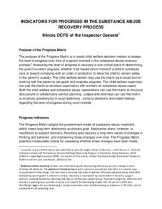 INDICATORS FOR PROGRESS IN THE SUBSTANCE ABUSE RECOVERY PROCESS Illinois DCFS of the Inspector General1 Purpose of the Progress Matrix The purpose of the Progress Matrix is to assist child welfare decision makers to asse