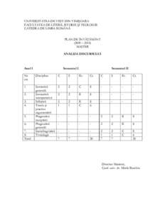 UNIVERSITATEA DE VEST DIN TIMIŞOARA FACULTATEA DE LITERE, ISTORIE ŞI TEOLOGIE CATEDRA DE LIMBA ROMÂNĂ PLAN DE ÎNVĂŢĂMÂNT (2009 – 2010) MASTER