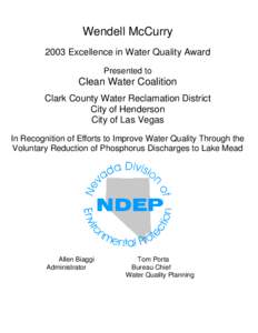 Wendell McCurry 2003 Excellence in Water Quality Award Presented to Clean Water Coalition Clark County Water Reclamation District