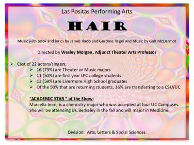 Las Positas Performing Arts  HAIR Music with book and lyrics by James Rado and Gerome Ragni and Music by Galt McDermot  Directed by Wesley Morgan, Adjunct Theater Arts Professor