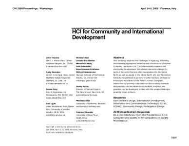 CHI 2008 Proceedings · Workshops  April 5-10, 2008 · Florence, Italy HCI for Community and International Development