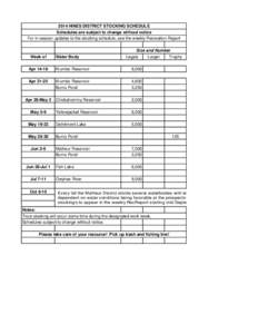 2014 HINES DISTRICT STOCKING SCHEDULE Schedules are subject to change without notice For in-season updates to the stocking schedule, see the weekly Recreation Report Week of