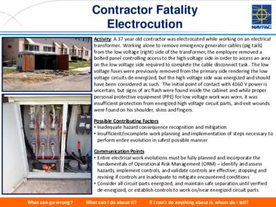 Contractor Fatality Electrocution Activity: A 37 year old contractor was electrocuted while working on an electrical transformer. Working alone to remove emergency generator cables (pig tails) from the low voltage (right