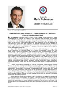 Speech By  Mark Robinson MEMBER FOR CLEVELAND  Record of Proceedings, 6 June 2014