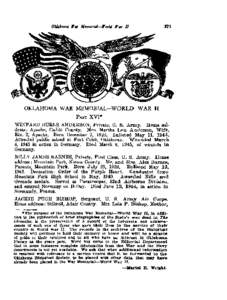 OKLAHOMA WAR MEMORIAL-WORLD  WAR I1 WINFARD BURNS ANDEESON, Private, U. S. Army. Home address: Apache, Caddo County. Mrs. Martha L o u Anderson, Wife, Rte. 2, Apache. Born December 2, 1920. Enlisted May 11, 1944.