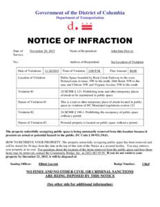 Government of the District of Columbia Department of Transportation NOTICE OF INFRACTION Date of Service: