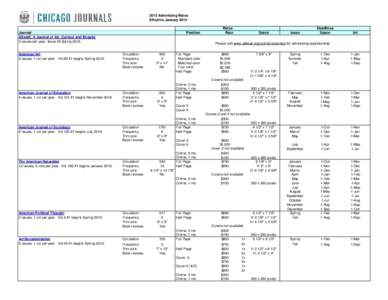 2015 Advertising Rates Effective January 2015 Journal Afterall: A Journal of Art, Context and Enquiry 3 issues per year. Issue 35 Spring 2015.