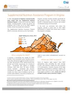 Issue Two | January[removed]Supplemental Nutrition Assistance Program in Virginia In 2012, 11.6 percent of Virginians received benefits every month from the Supplemental Nutrition Assistance Program. In three out of every 
