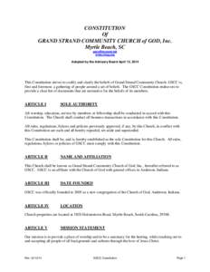 CONSTITUTION Of GRAND STRAND COMMUNITY CHURCH of GOD, Inc. Myrtle Beach, SC [removed] www.chog.org