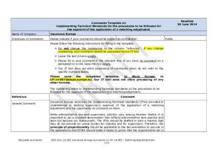 Deadline 30 June 2014 Comments Template on Implementing Technical Standards On the procedures to be followed for the approval of the application of a matching adjustment