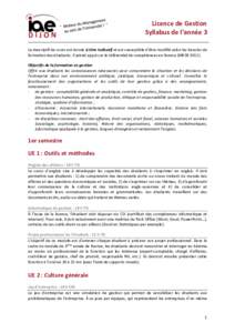 Licence de Gestion Syllabus de l’année 3 Le descriptif de cours est donné à titre indicatif et est susceptible d’être modifié selon les besoins de formation des étudiants. Il prend appui sur le référentiel de