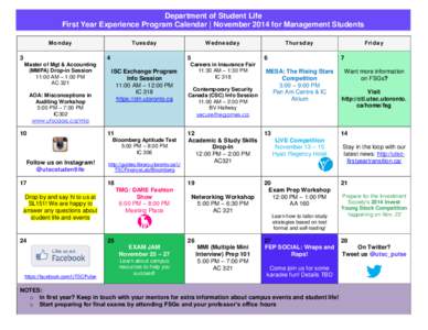 Department of Student Life First Year Experience Program Calendar | November 2014 for Management Students M onda y 3