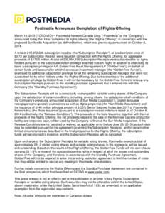 Microsoft Word - Completion of Rights Offering  news release FINAL