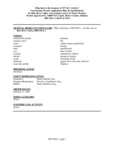 Objection to the Issuance of 327 IAC Article 3 Construction Permit Application Plans & Specifications for Blue River Valley Area Sanitary Sewer & Water Projects Permit Approval No[removed]New Castle, Henry County, Indiana