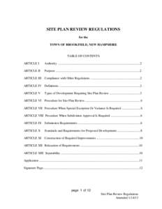 SITE PLAN REVIEW REGULATIONS for the TOWN OF BROOKFIELD, NEW HAMPSHIRE TABLE OF CONTENTS ARTICLE I
