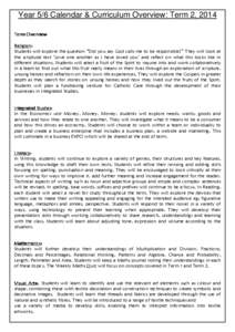 Year 5/6 Calendar & Curriculum Overview: Term 2, 2014 Term Overview Religion: Religion: Students will explore the question “Did you say God calls me to be responsible?” They will look at the scriptural text ‘Love o