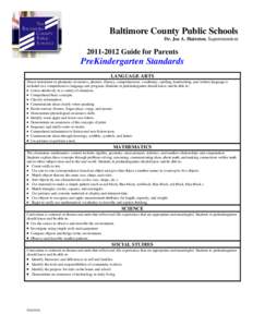 Baltimore County Public Schools Dr. Joe A. Hairston, Superintendent[removed]Guide for Parents  PreKindergarten Standards