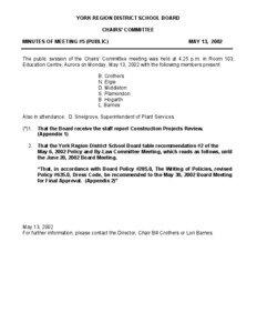 YRDSB Board Meeting May[removed]Chairs' Committee Minutes May 13/02