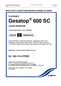 Flowable GESATOP 600 SC Liquid Herbicide 20, , 1000 L - label with separate leaflet Label as Approved by APVMA 29 June 2009