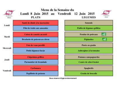 Menu de la Semaine du Lundi 8 Juin 2015 au Vendredi 12 Juin 2015 PLATS LEGUMES