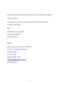 Public Submmission - Disability Inclusion Bill[removed]Brain Injury Association of NSW`