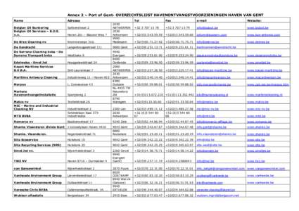 Annex 2 – Port of Gent- OVERZICHTSLIJST HAVENONTVANGSTVOORZIENINGEN HAVEN VAN GENT Name Adresse  Belgian Oil Bunkering