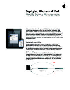 Deploying iPhone and iPad Mobile Device Management iOS supports Mobile Device Management (MDM), giving businesses the ability to manage scaled deployments of iPhone and iPad across their organizations. These MDM capabili