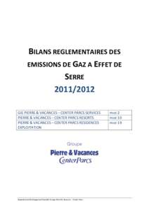 BILANS REGLEMENTAIRES DES EMISSIONS DE GAZ A EFFET DE SERREGIE PIERRE & VACANCES – CENTER PARCS SERVICES PIERRE & VACANCES – CENTER PARCS RESORTS