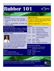 Speaker’s Profile:  Rubber 101 Objectives: Provide knowledge on rubber technology Understand the types and properties of